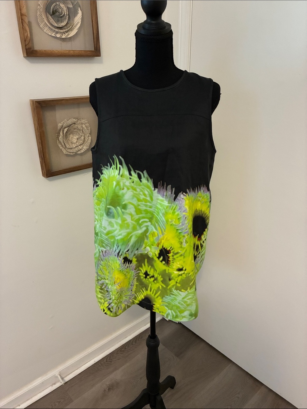 Tibi Black Silk Blend Tank Top with Neon Green & Yellow Floral Print